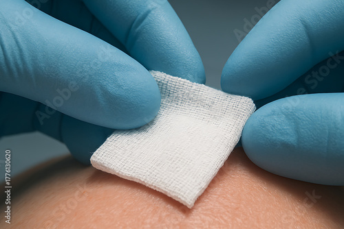A macro view of gloved hands carefully applying a sterile gauze pad to the skin, emphasizing precision, hygiene, and gentle medical care.