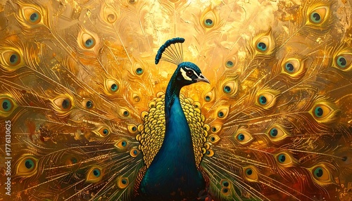 A majestic peacock displays its vibrant iridescent feathers