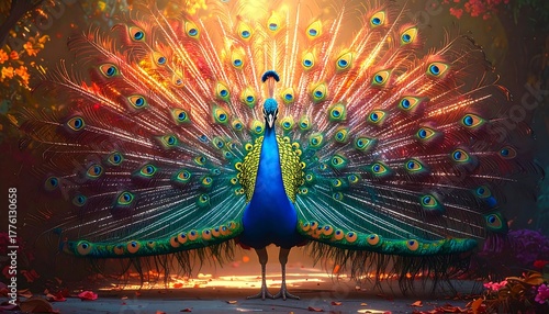 A majestic peacock with iridescent plumage and vibrant hues, displaying its fan-shaped tail feathers