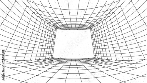 3D wireframe perspective grid room template design vector illustration background. Empty three dimensional virtual room perspective wireframe grid geometric sketch. Cyber virtual line interior frame.