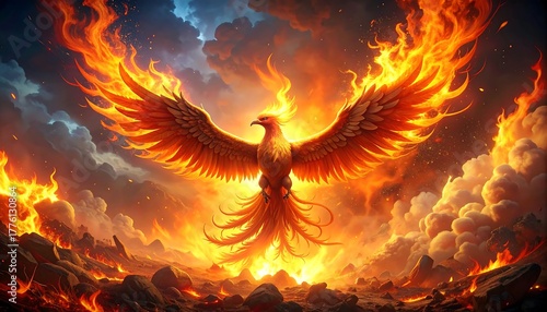 A majestic phoenix, wreathed in vibrant flames, soars against a fiery, cloud-filled backdrop