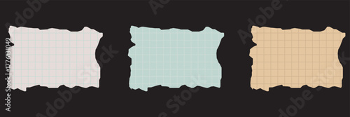 Torn grid paper textures in pastel colors. Set of three torn square grid paper textures in pastel shades, useful for scrapbooking and design backgrounds. Ripped checkered notebook pieces.

