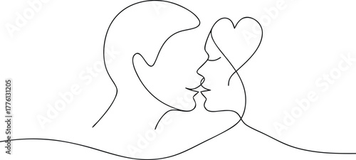 Couple kissing with heart shape above heads continuous line art