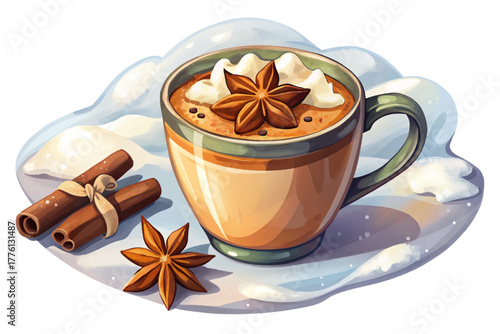Warm cinnamon milk drink with star anise floating on top, served in transparent cup resting on clean white snow background