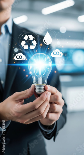 Businessman hand holding light bulb, surrounded by eco friendly icons, symbolizing innovation, sustainability, carbon reduction, and renewable energy in modern office environment