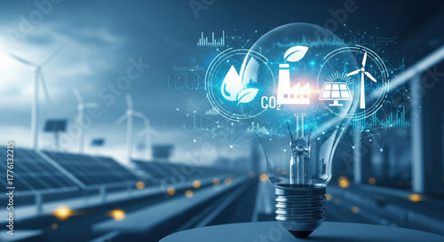 Renewable energy sustainability innovation technology wind solar clean environment futuristic—A glowing light bulb with renewable energy icons wind turbines and solar panels symbolizes sustainable