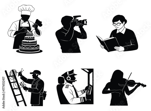 Profession silhouette set, black vector icons of chef, photographer, reader, electrician, pilot, and violinist