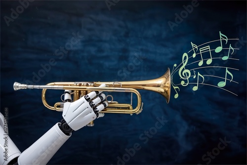 robot hand hold saxophone with musical note. AI generated music