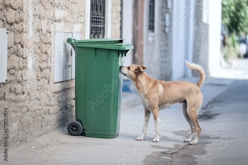 stray dog sniff rubbish bin on city street to search for food