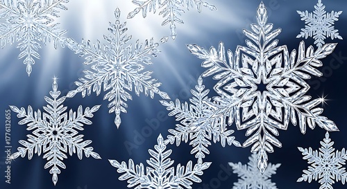 Sparkling ice snowflakes drift against a deep blue winter sky with radiant light.