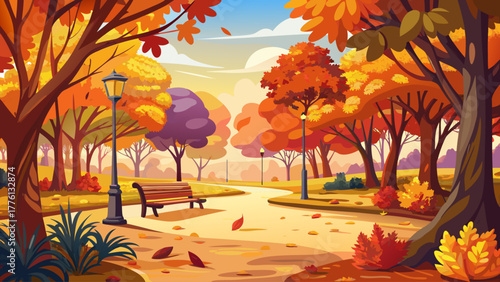 Beautiful autumn landscape with colorful foliage in the park, golden and red leaves falling gently, sunlight filtering through trees, creating a warm natural background full of peace
