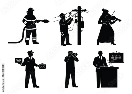 Profession silhouette set, black vector icons of firefighter, line worker, violinist, postal worker, photographer, and speaker