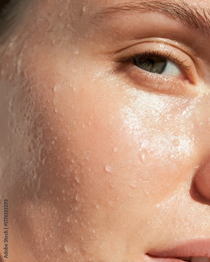 Fototapeta premium Macro photo of woman’s cheekbone glowing after cryo skincare. Dewy droplets and soft morning reflections create a fresh, natural, rejuvenated look