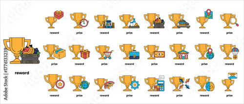 A collection of golden cups with the word "reward" written on them