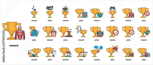 A collection of golden cups with various designs and words such as "reward"