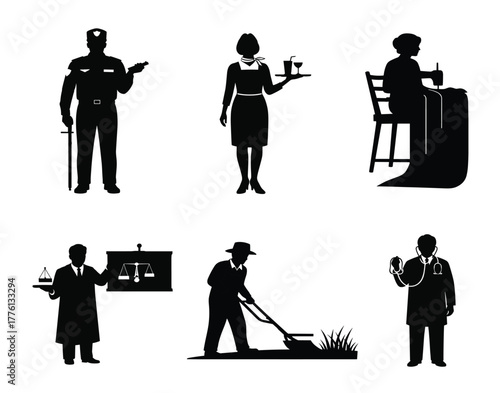 Profession silhouette set, black vector icons of police officer, waitress, tailor, judge, gardener, and doctor