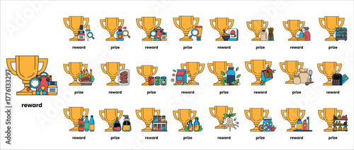 A collection of golden cups with the word "reward" written on the bottom