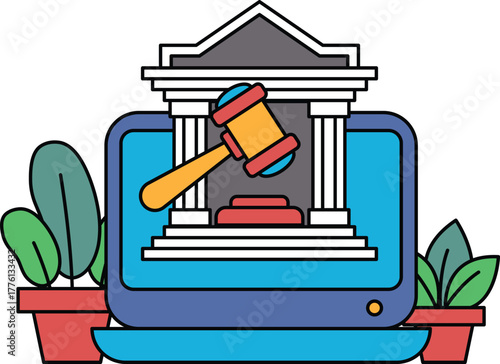 A laptop computer is shown with a gavel and a building in the background