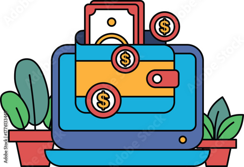 A computer screen with a wallet on it and a bunch of coins