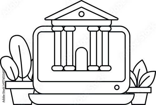 A computer monitor with a building in the background