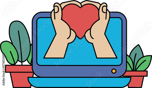 A heart is being held by two hands in front of a laptop