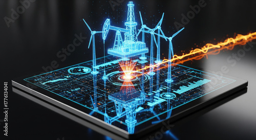 Wallpaper Mural Futuristic energy technology digital tablet hologram wind turbine oil platform data visualization innovation glowing modern clean energy Torontodigital.ca
