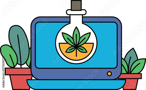 A computer monitor with a plant in a glass jar on it