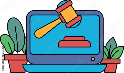 A computer monitor with a gavel on it