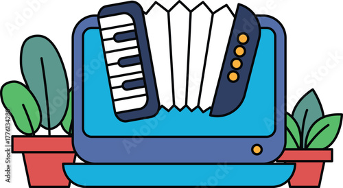 A keyboard and accordion are on a table next to a potted plant