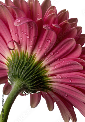 Vibrant fuchsia pink gerbera daisy with unfurling, dew-kissed petals, bright yellow pollen center, extreme macro close-up on transparent, concept of natural intricate beauty