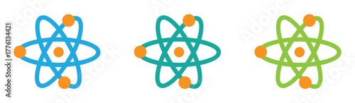 Atom science icons set, atomic structure and nuclear energy symbols, physics and chemistry research for education, medical, and technology projects vector illustration.