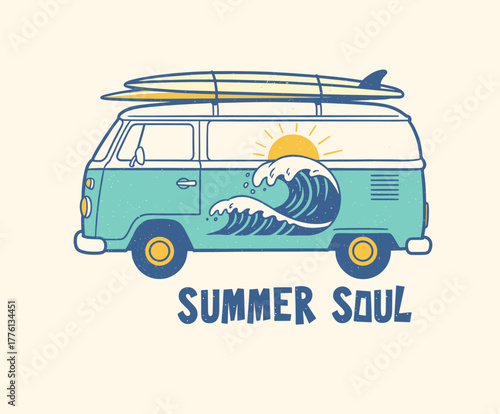 Retro Beach Surf Adventure Design. Vintage Van and Palm Tree Graphic. Tropical Summer Vacation Illustration. Road Trip Camper Bus Vector Art. Palm Bea