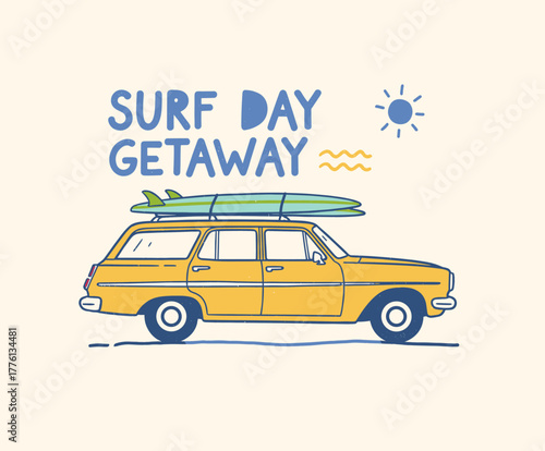 Surf Wagon Illustration. Vintage Beach Car Trip. Retro Palm Tree Vehicle. Summer Roadtrip Vector. Coastal Surfing Life