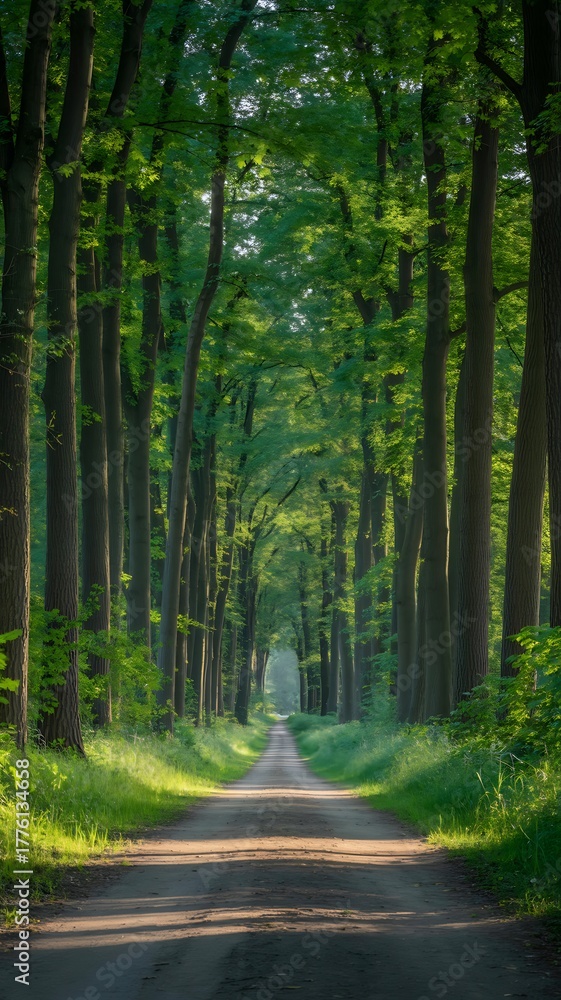 Obraz premium Sunlit forest path between tall green trees