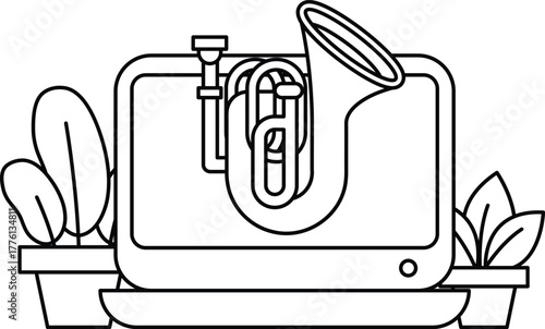 A black and white drawing of a trombone and a keyboard