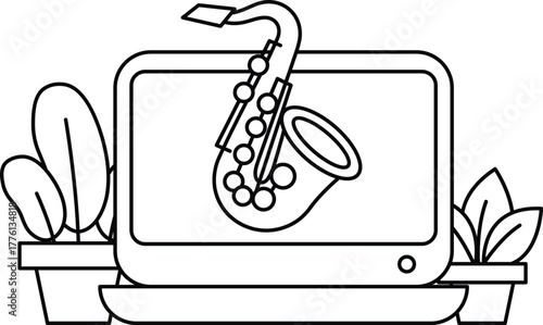 A black and white drawing of a saxophone on a computer screen