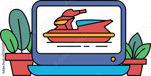 A red and blue scooter is displayed on a computer screen