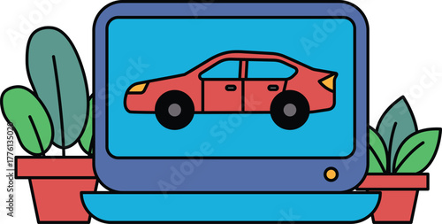 A red car is displayed on a computer monitor