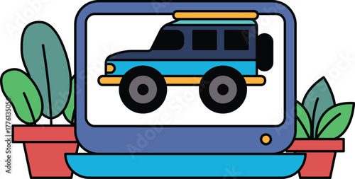 A cartoon car is displayed on a computer screen