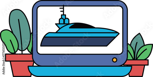 A blue boat is displayed on a computer monitor