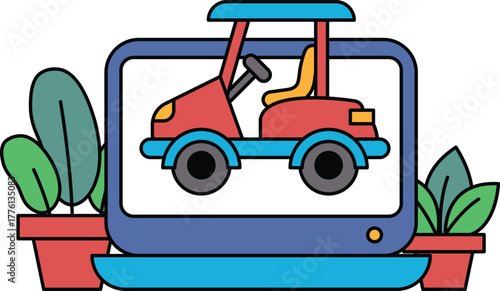 A red and blue toy car is displayed on a computer screen