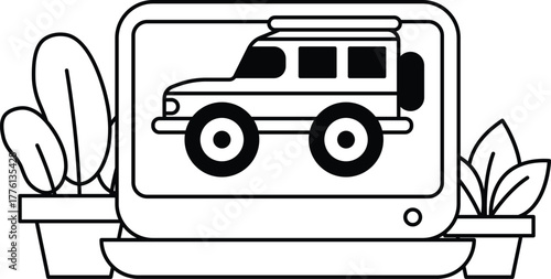 A black and white image of a car is displayed on a computer screen