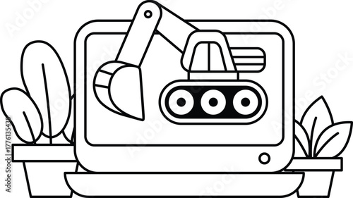 The machine is a large excavator and is surrounded by several potted plants