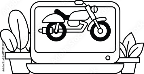 A black and white drawing of a motorcycle on a computer screen