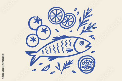 Fish with lemon, herbs and tomatoes, naive sketch vector illustration