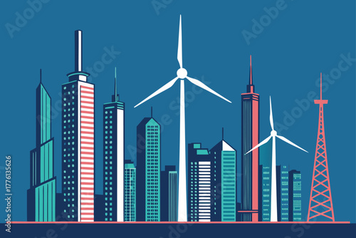 Futuristic vertical axis wind turbines in a line.