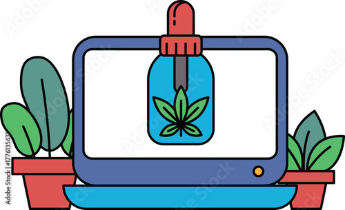 A computer monitor with a plant on it and a bottle of liquid next to it