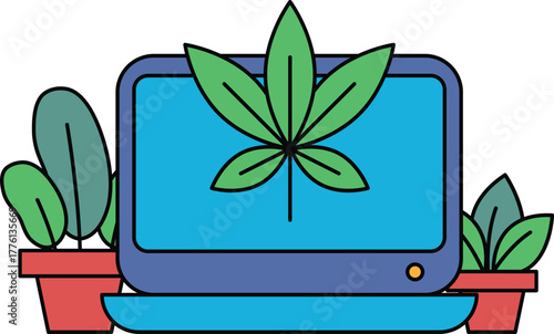 A computer monitor with a leaf on it is surrounded by potted plants