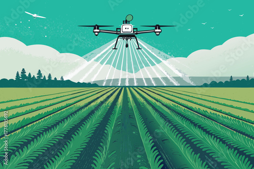 Drone spraying crops in a large field.