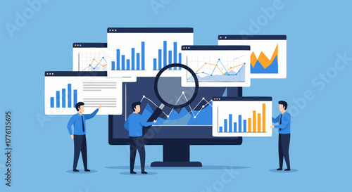 Business professionals analyzing financial data charts and graphs for market research and company strategy planning on a computer screen